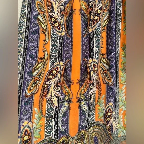 Tyche Maxi Skirt. Floral Paisley Stripes Slits on Sides, Orange, Purple. Large. - Picture 12 of 16